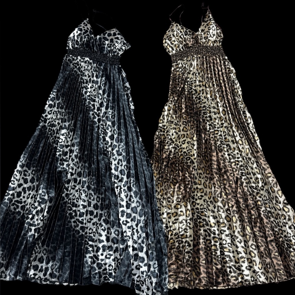 Lot of 2 size medium Leopard Print Maxi Dresses black white. brown leopard pleat